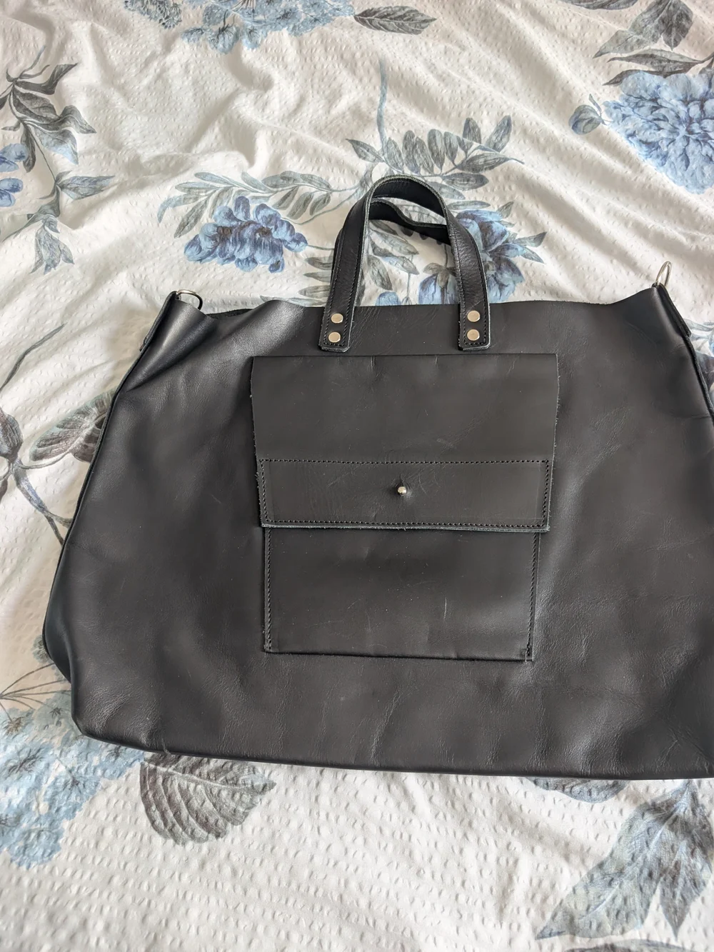 Black Women's Leather Tote Bag - Minimal Pocket Design
